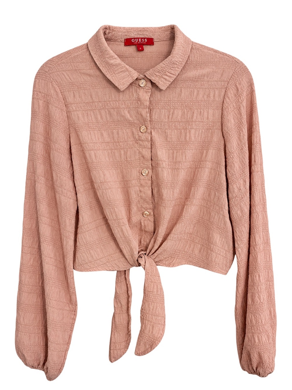 GUESS Pink Textured Tie Front Button Down Crop Top Blouse Size Small
